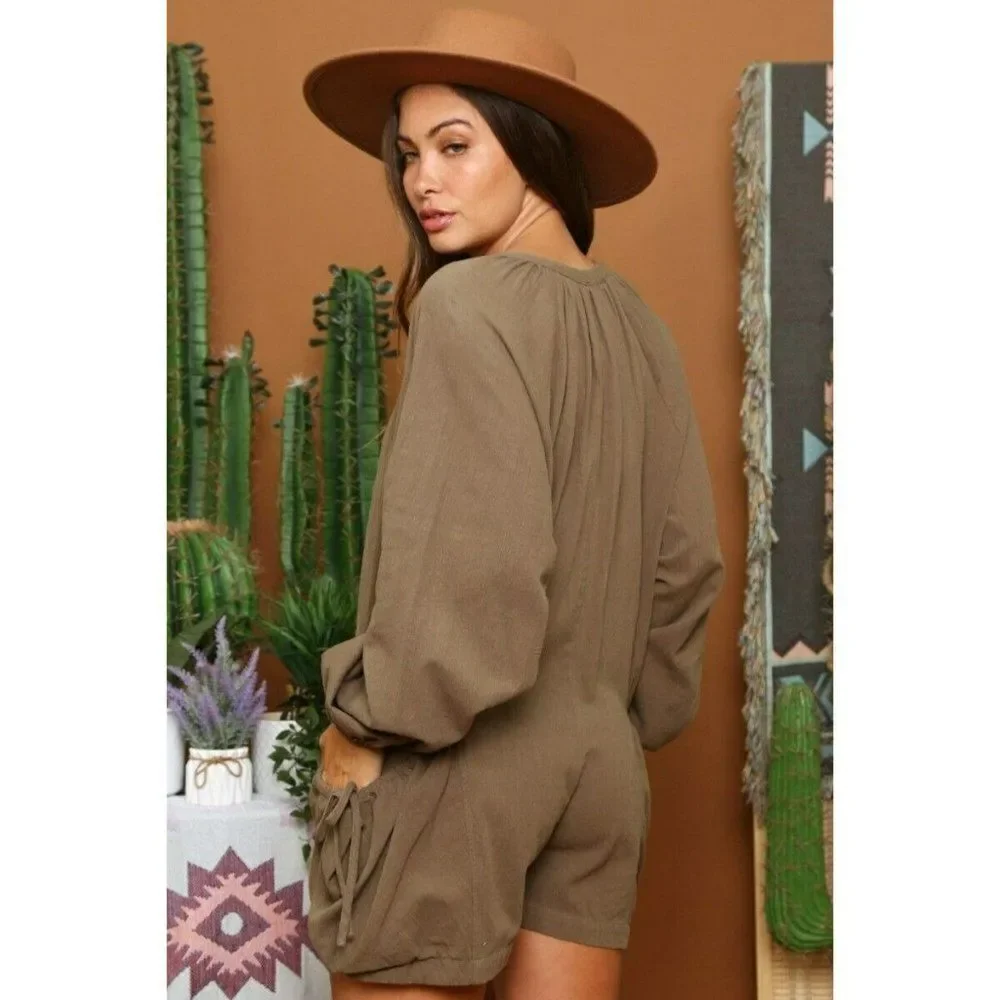 FANTASTIC FAWN Clothing Olive Romper Jumpsuit Oversized Pockets IFR51689-01 New - Picture 4 of 5